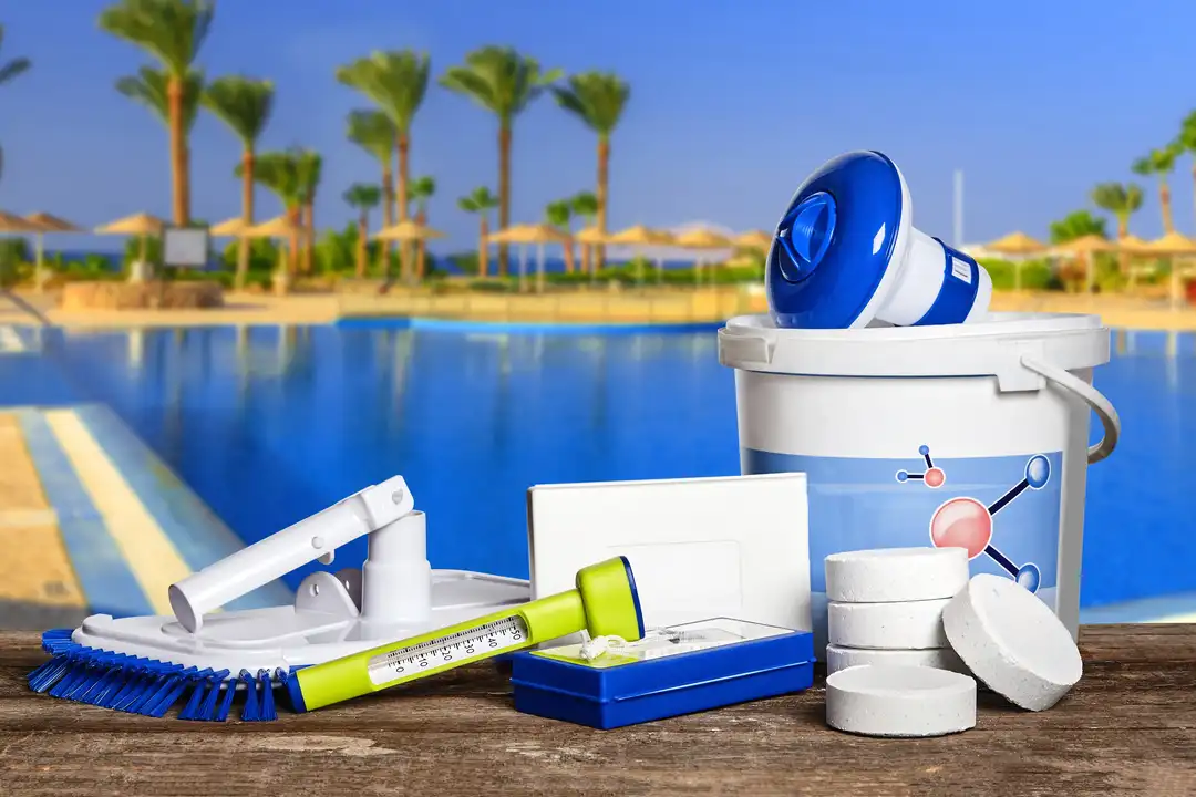 Pool algae removal chemicals. Residential Pool Service, Sterling, VA